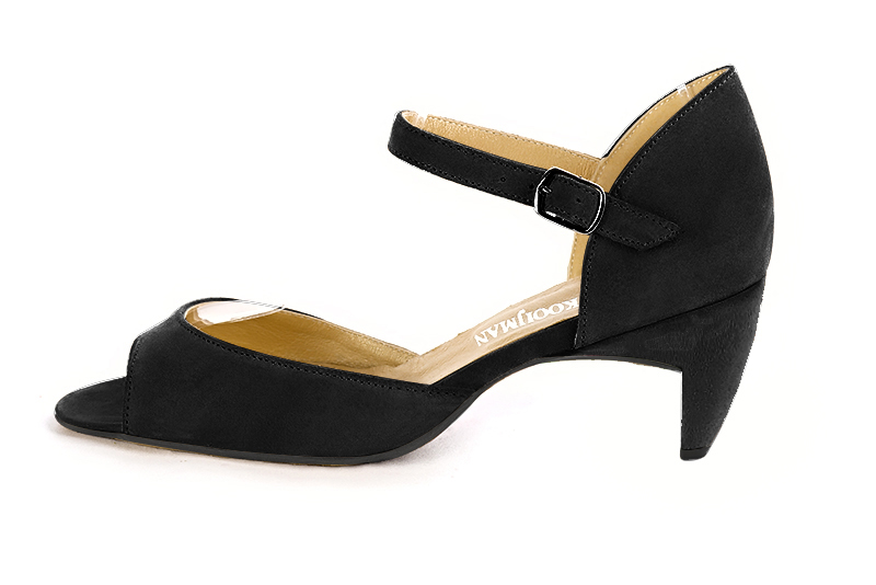 Matt black women's closed back sandals, with an instep strap. Square toe. Medium comma heels. Profile view - Florence KOOIJMAN